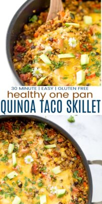 pinterest image for healthy one pan cheesy quinoa taco skillet