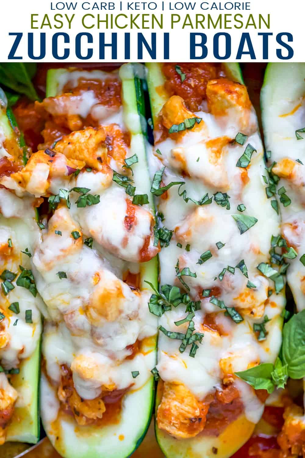 pinterest image for the best easy chicken parmesan zucchini boats