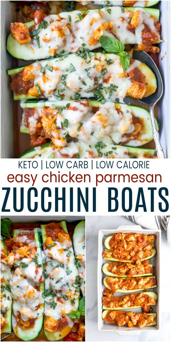 pinterest image for the best easy chicken parmesan zucchini boats