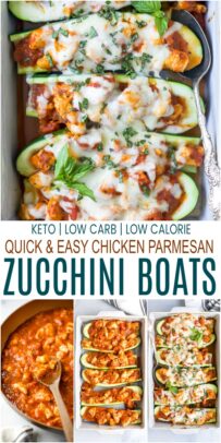 pinterest image for the best easy chicken parmesan zucchini boats