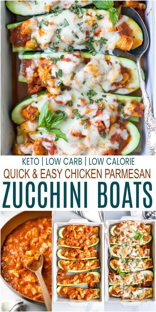 pinterest image for the best easy chicken parmesan zucchini boats