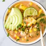 close up photo of the ultimate creamy crockpot chicken tortilla soup