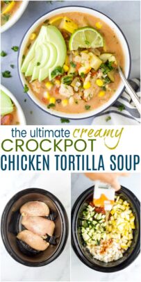 pinterest image for creamy crockpot chicken tortilla soup