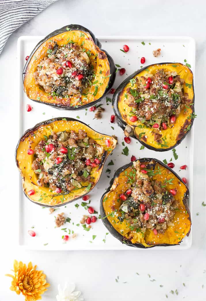 overhead photo of apple sausage stuffed acorn squash