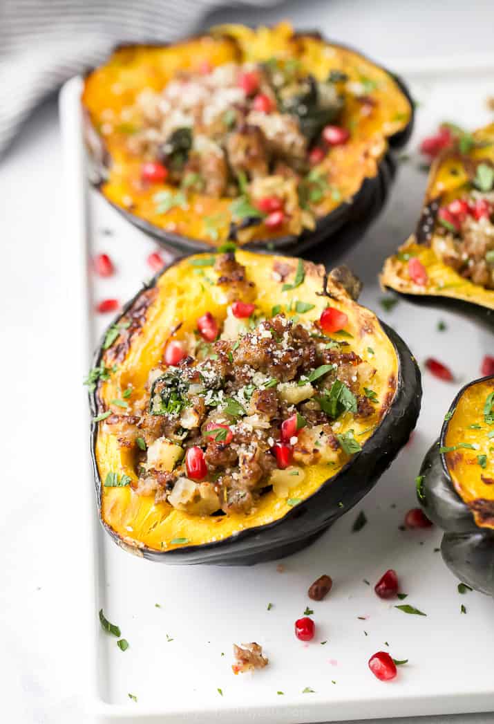 side photo of apple sausage stuffed acorn squash