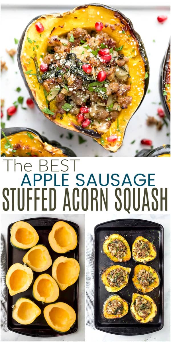 pinterest image for apple sausage stuffed acorn squash