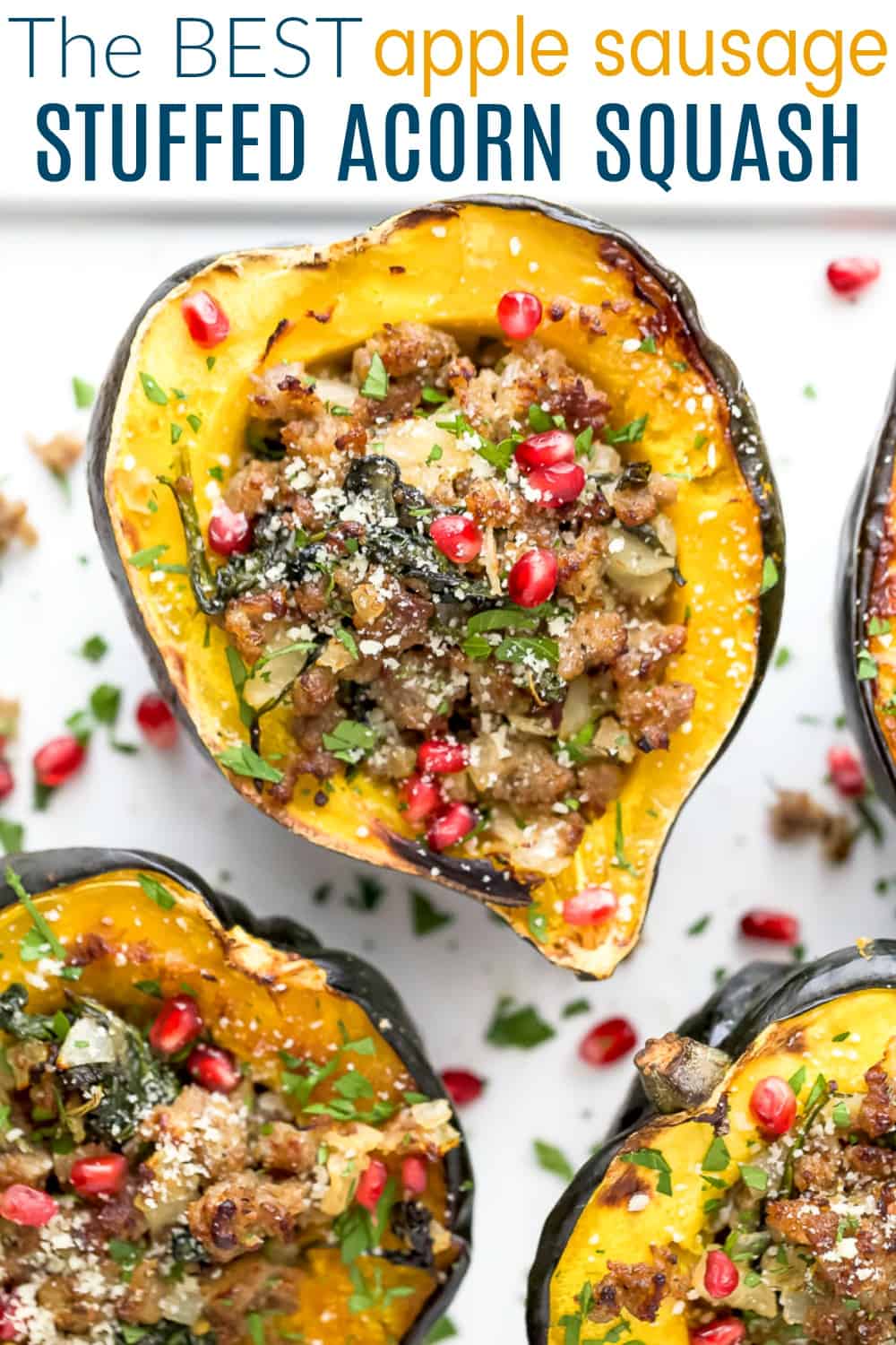 pinterest image for apple sausage stuffed acorn squash