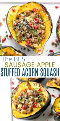 pinterest image for apple sausage stuffed acorn squash