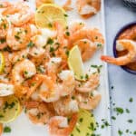 overhead photo of baked lemon garlic butter shrimp