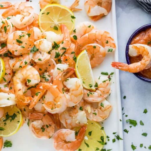 overhead photo of baked lemon garlic butter shrimp