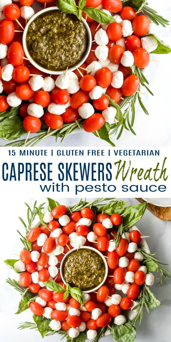pinterest image for caprese skewers wreath with pesto