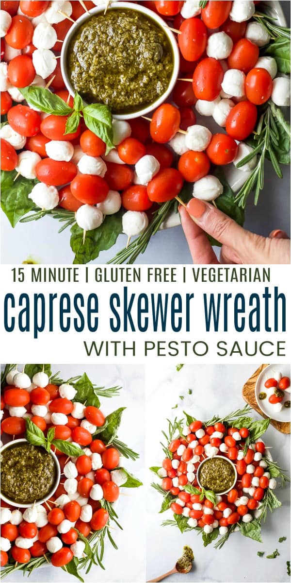pinterest image for caprese skewers wreath with pesto