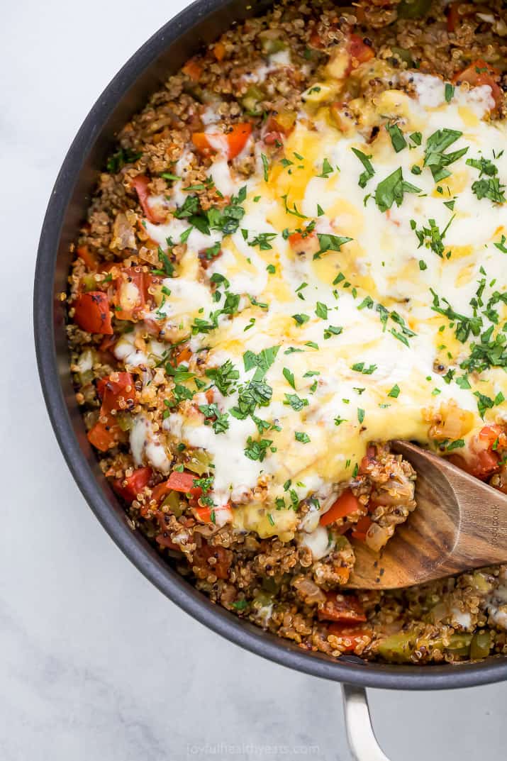 overhead photo of easy one pot quinoa stuffed pepper recipe