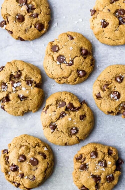 overhead photo of freshly baked vegan pumpkin chocolate chip cookies