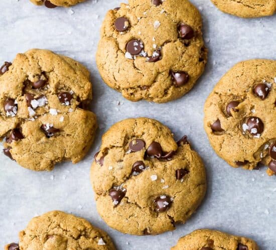 overhead photo of freshly baked vegan pumpkin chocolate chip cookies