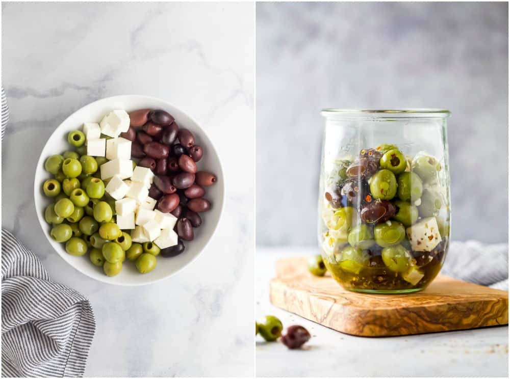 how to make easy garlic marinated olives and feta cheese