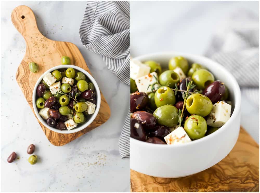 garlic marinated olives and feta in a bowl