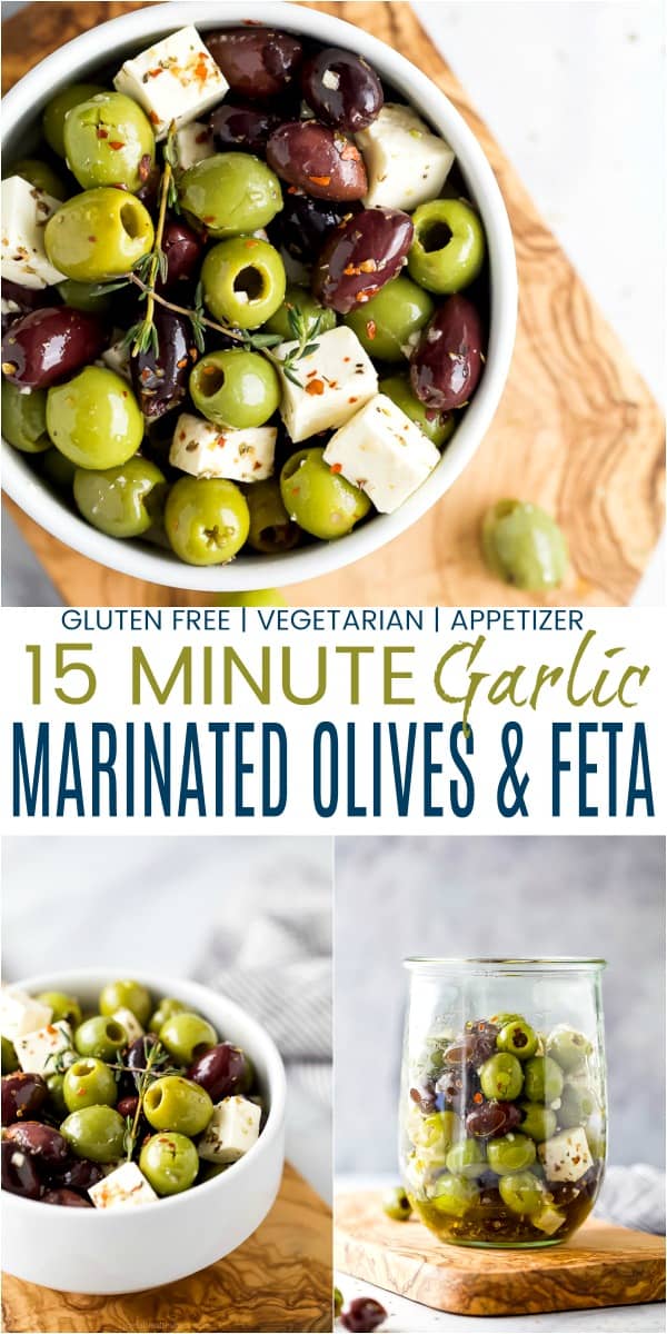 pinterest image for garlic marinated olives and feta