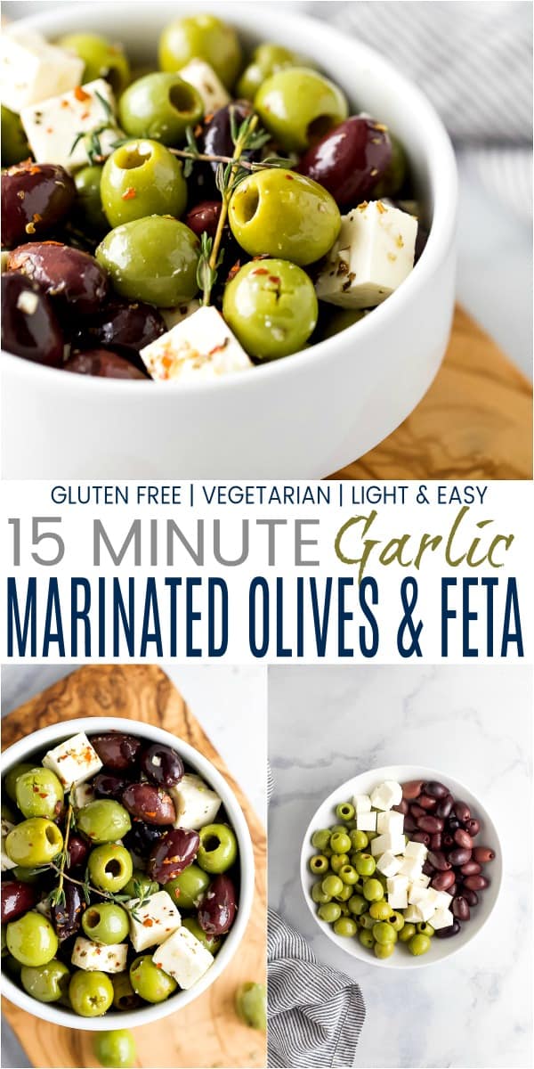 pinterest image for garlic marinated olives and feta cheese
