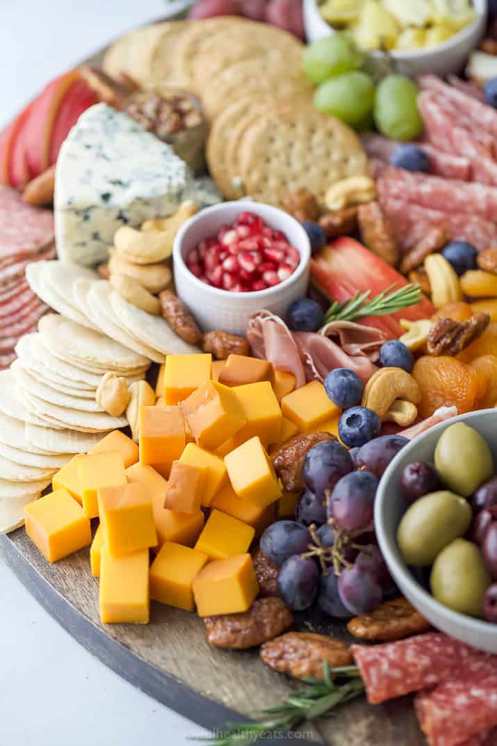 closeup side photo of an epic holiday cheese board