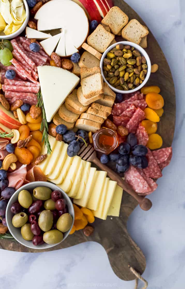 overhead photo of an epic holiday cheese board