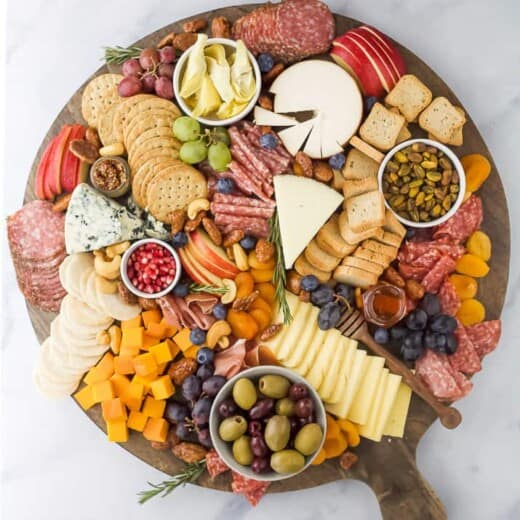 overhead photo of an epic holiday cheese board