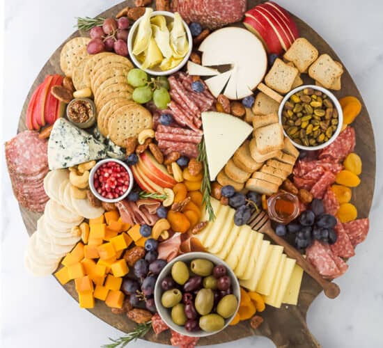 overhead photo of an epic holiday cheese board