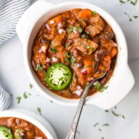 overhead photo of the best instant pot chili recipe in a bowl