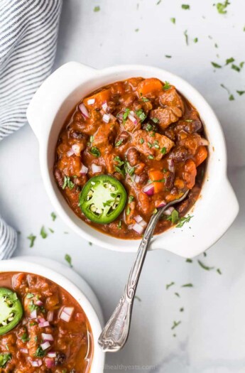 overhead photo of the best instant pot chili recipe in a bowl