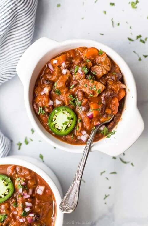 overhead photo of the best instant pot chili recipe in a bowl