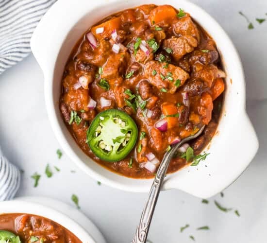 overhead photo of the best instant pot chili recipe in a bowl