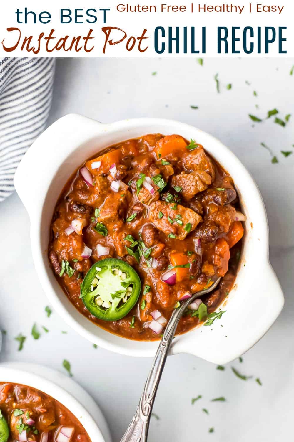 Pinterest image for the best instant pot chili recipe.