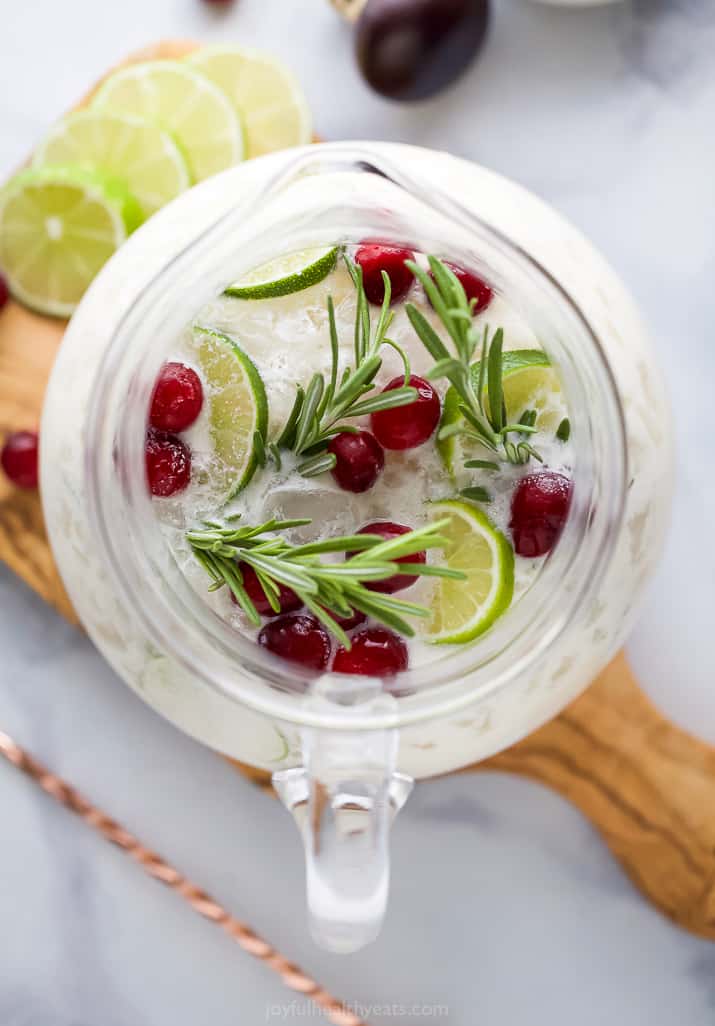 overhead photo of white christmas margarita pitcher recipe