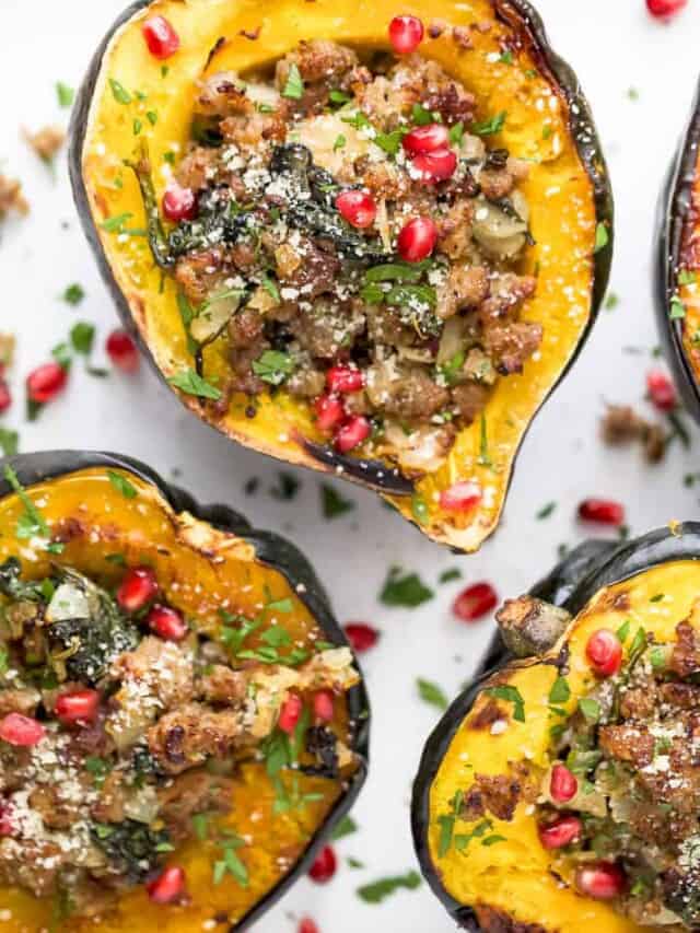 close up overhead photo of apple sausage stuffed acorn squash
