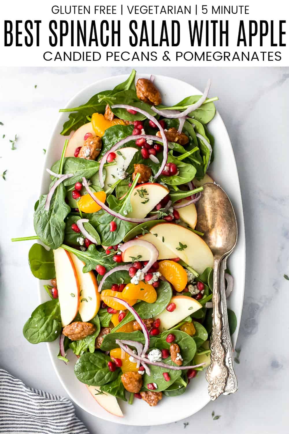 pinterest image for the best spinach salad with apples pecans and gorgonzola cheese
