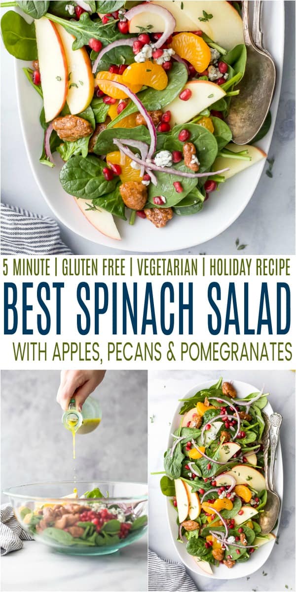 pinterest image for the best spinach salad with apple pecans and gorgonzola cheese