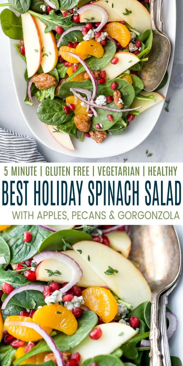 pinterest image for the best spinach salad with apple pecans and gorgonzola cheese