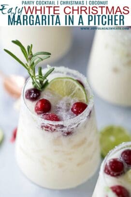 pinterest image for an easy white christmas margarita pitcher recipe