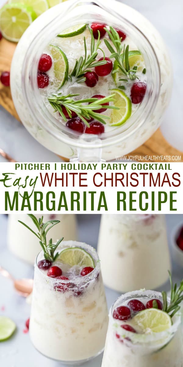 pinterest image for easy white christmas margarita pitcher recipe