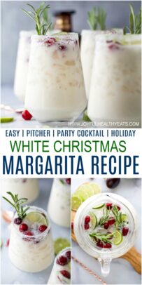 pinterest image for an easy white christmas margarita pitcher recipe