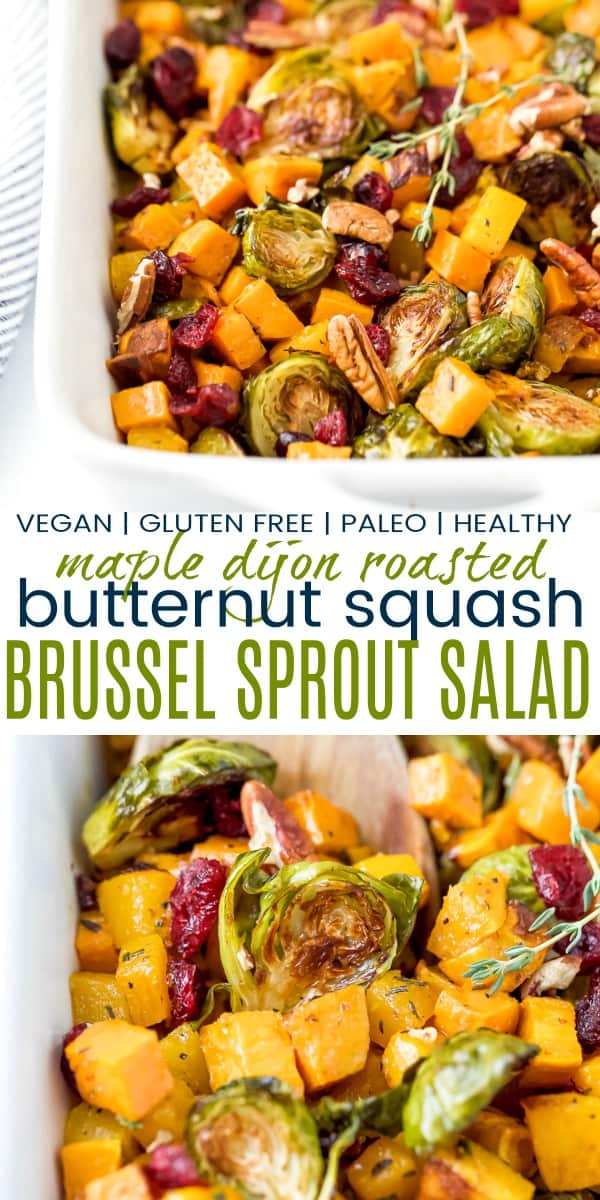 pinterest image for maple dijon roasted butternut squash brussel sprout salad