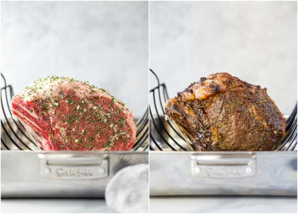 before and after shot of perfect garlic herb prime rib roast recipe