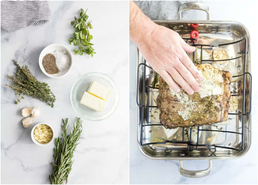 garlic herb butter mixture and rubbing the herb herb butter on the prime rib roast