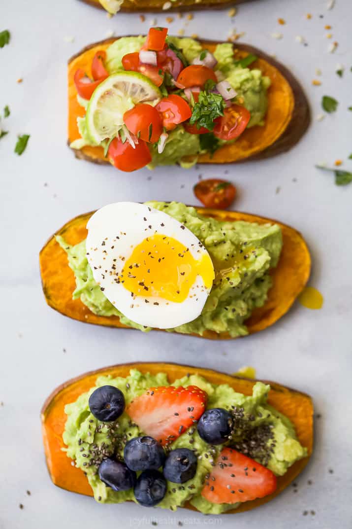 overhead photos of easy healthy avocado toast recipes