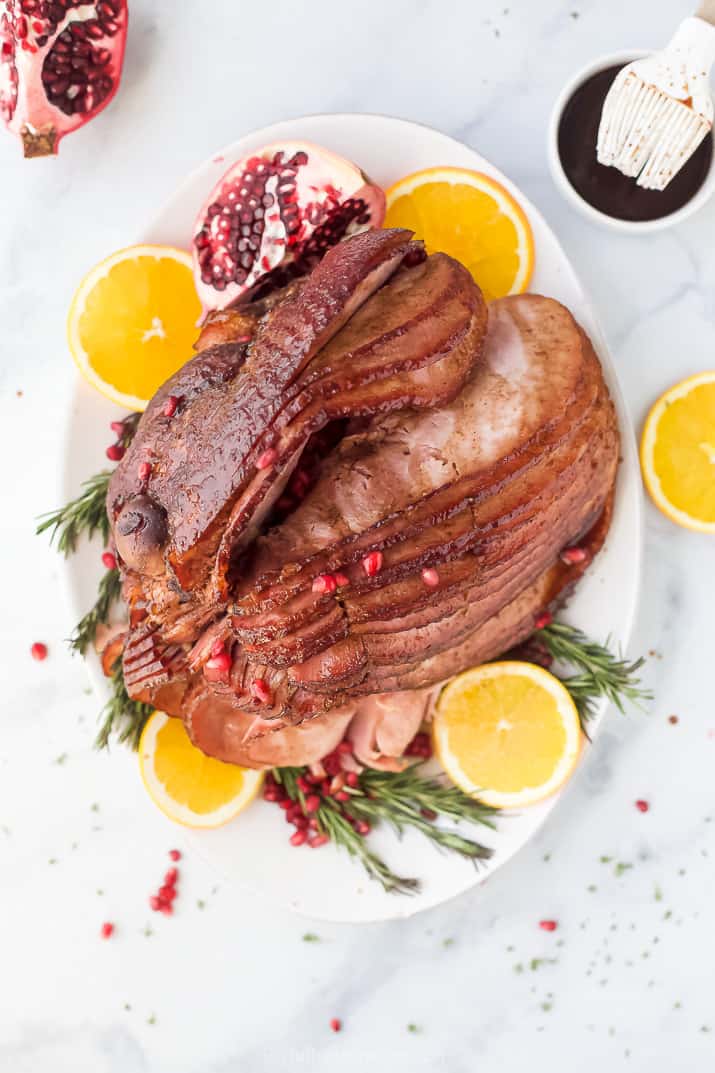 overhead photo of easy pomegranate maple glazed ham recipe