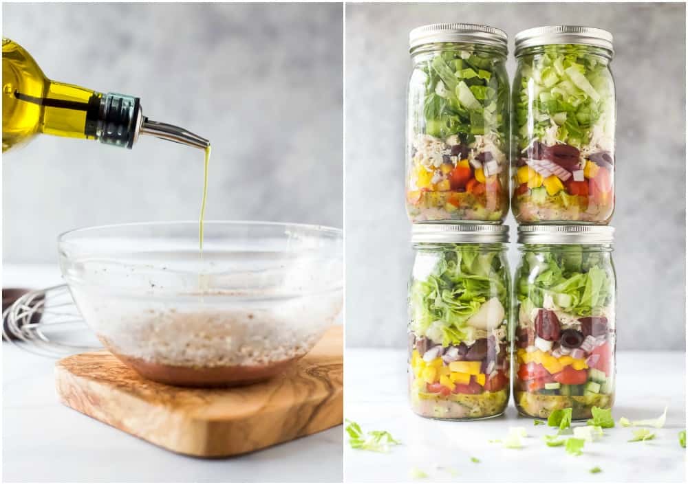 how to make quick and easy greek chicken salad in a mason jar