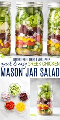 pinterest image for greek chicken salad in a mason jar