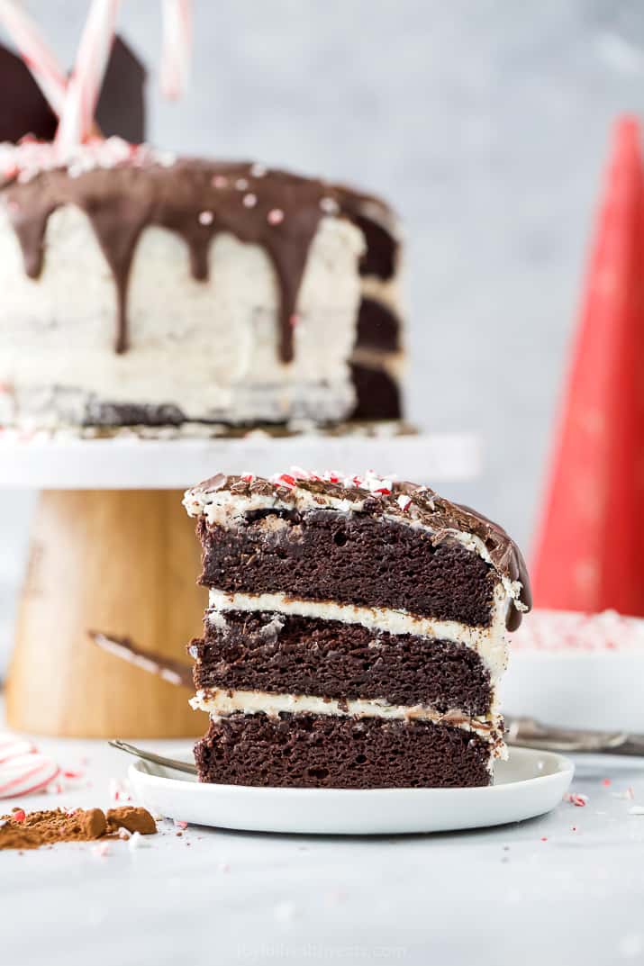 a piece of vegan chocolate cake with peppermint buttercream on a plate