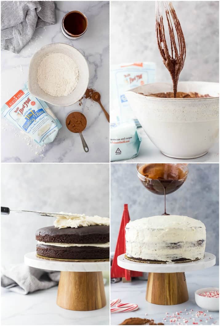 process of how to make vegan chocolate cake with peppermint buttercream