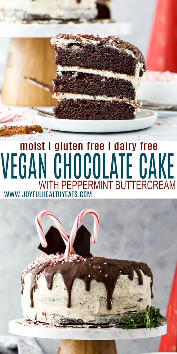 pinterest image for vegan chocolate cake with peppermint buttercream
